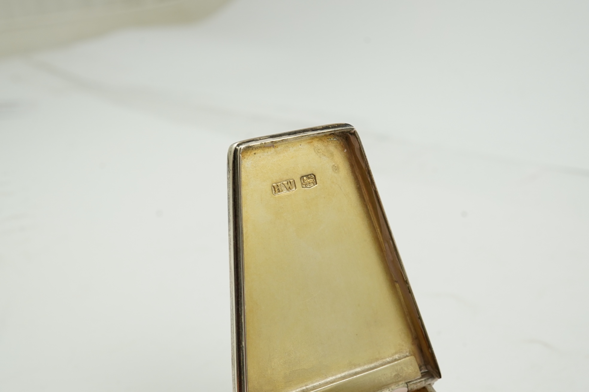 A George VI novelty silver snuff box, modelled as coffin with two handles and an 'RIP' appliqué, maker HW